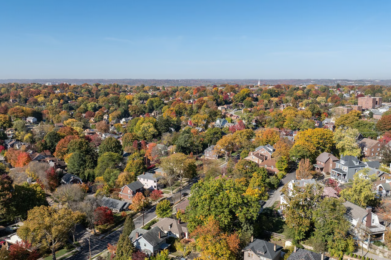 Aerial view of Mt Lebanon's tree-lined residential streets in autumn, South Hills of Pittsburgh, PA