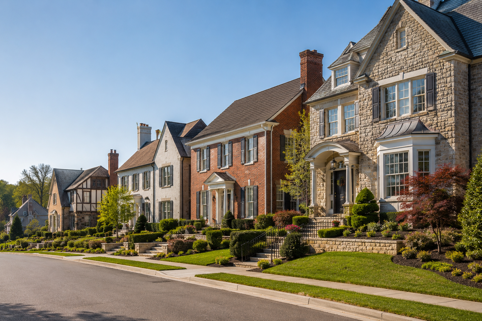 Elegant brick and stone homes along a quiet, sunlit Pittsburgh residential street