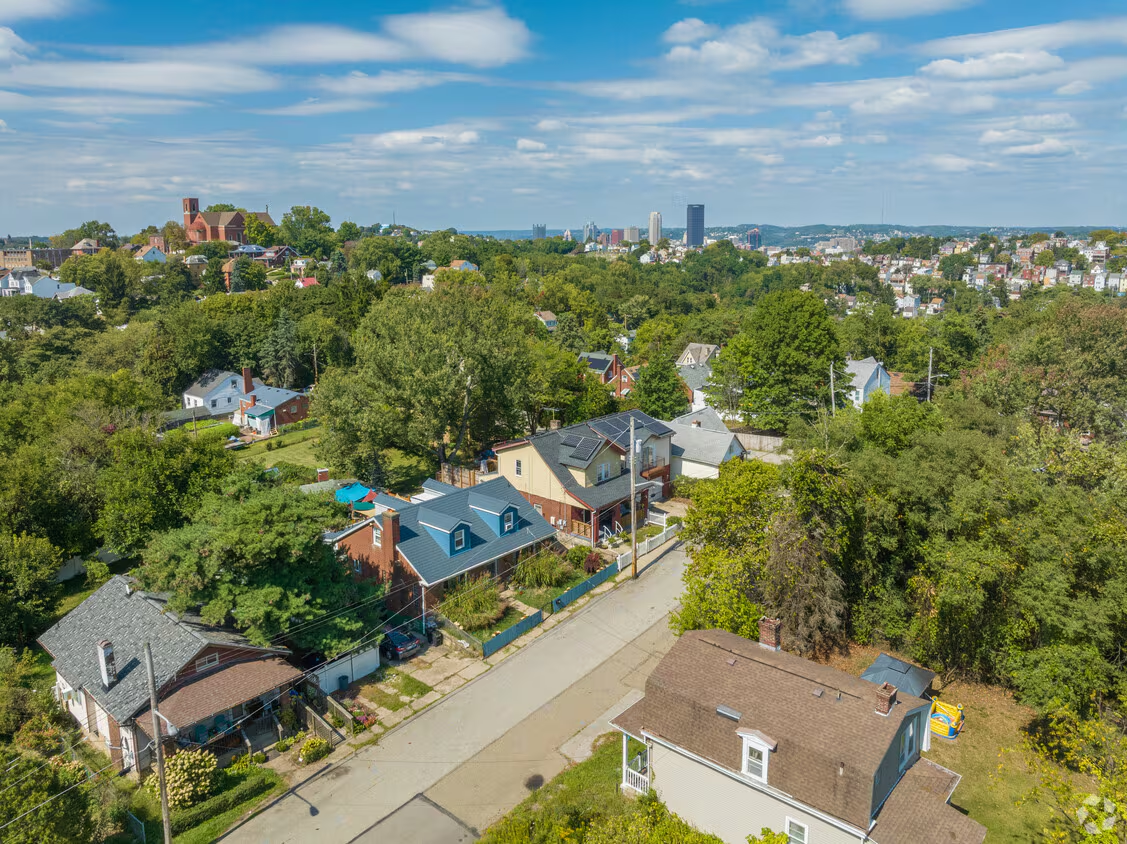 Aerial view of Upper St Clair homes with trees and the Pittsburgh skyline in the distance
